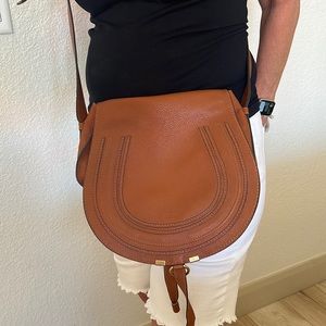 Chloe "Marcie" pebbled calfskin leather crossbody bag. Color is “tan”.